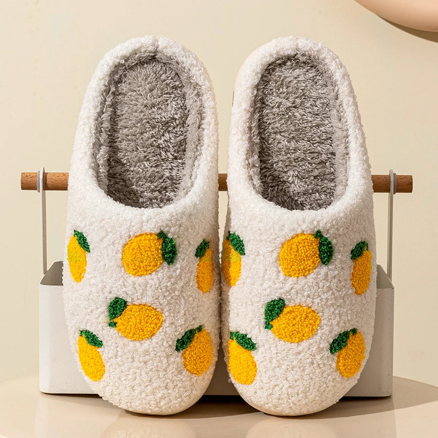 Lemon Embroidered Fuzzy Slippers