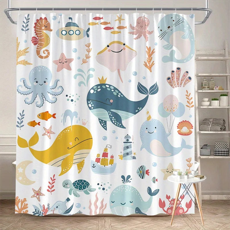 Underwater Shower Curtain 180x180cm – Playful Ocean Animals for Kids Bathroom, Whimsical Aquatic Decor, 12 Hooks