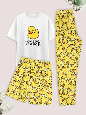 Men's casual pajama set of 3 pieces, duck-print short-sleeved T-shirt, shorts, and pants, comfortable summer clothing