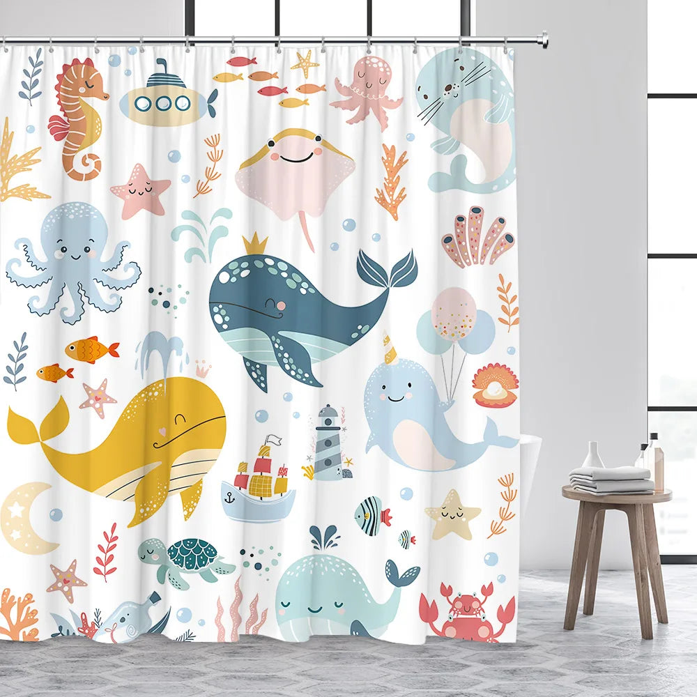 Cartoon Animals Shower Curtains Cute Ocean Fish Sea Turtle Whale Octopus Child Bathroom Curtain Decor with Hooks