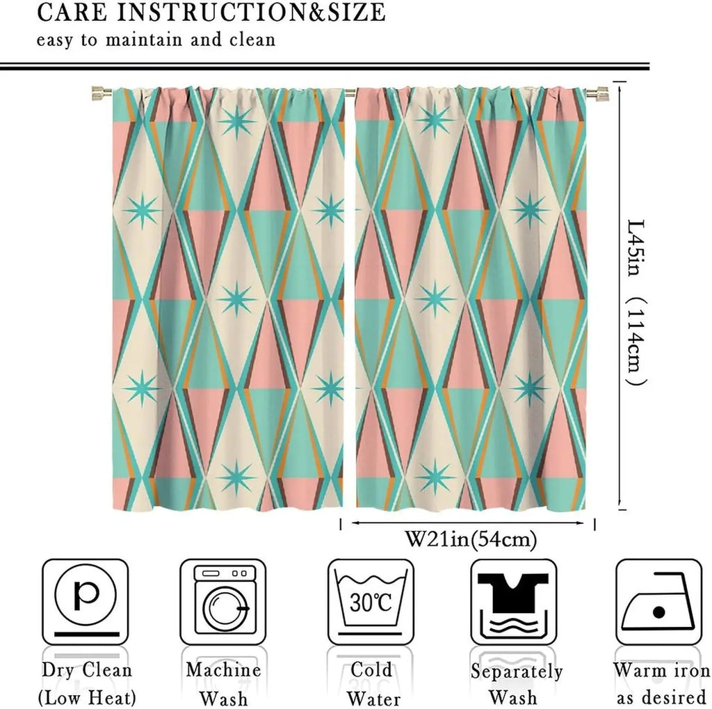 Abstract Geometric Print Curtains Pair Teal Pink Beige Modern Drapes Window Panels Living Room Home Decor Accent Design