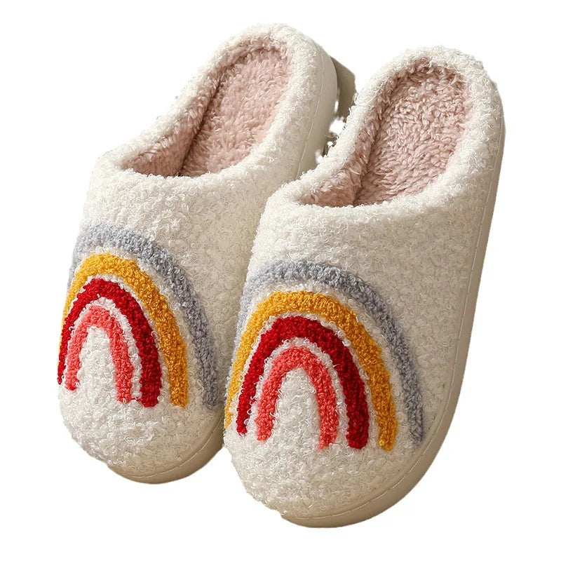 Rainbow & Mushroom Plush Women's Slippers — Cozy Furry Indoor House Shoes