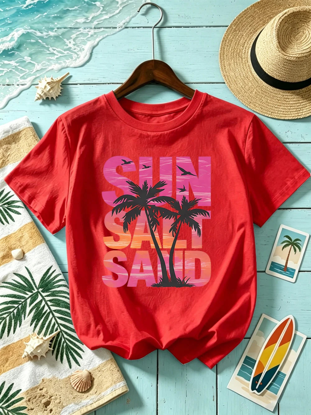 Sun Salt Sand Coconut Tree 
Prints T-Shirts Womens Cotton Summer Short Sleeve T Shirt O-Neck Oversized Tops Basic Soft Clothes