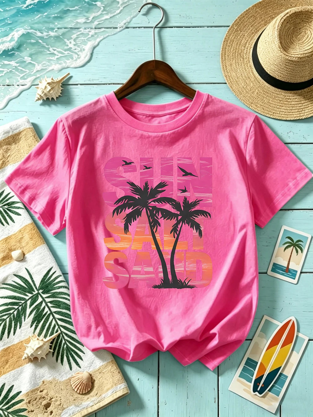 Sun Salt Sand Coconut Tree 
Prints T-Shirts Womens Cotton Summer Short Sleeve T Shirt O-Neck Oversized Tops Basic Soft Clothes