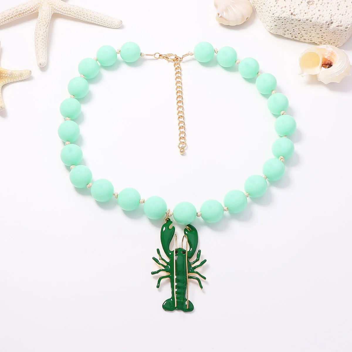 Colorful Round Bead Alloy Lobster Pendant Necklace Vacation Style for Women