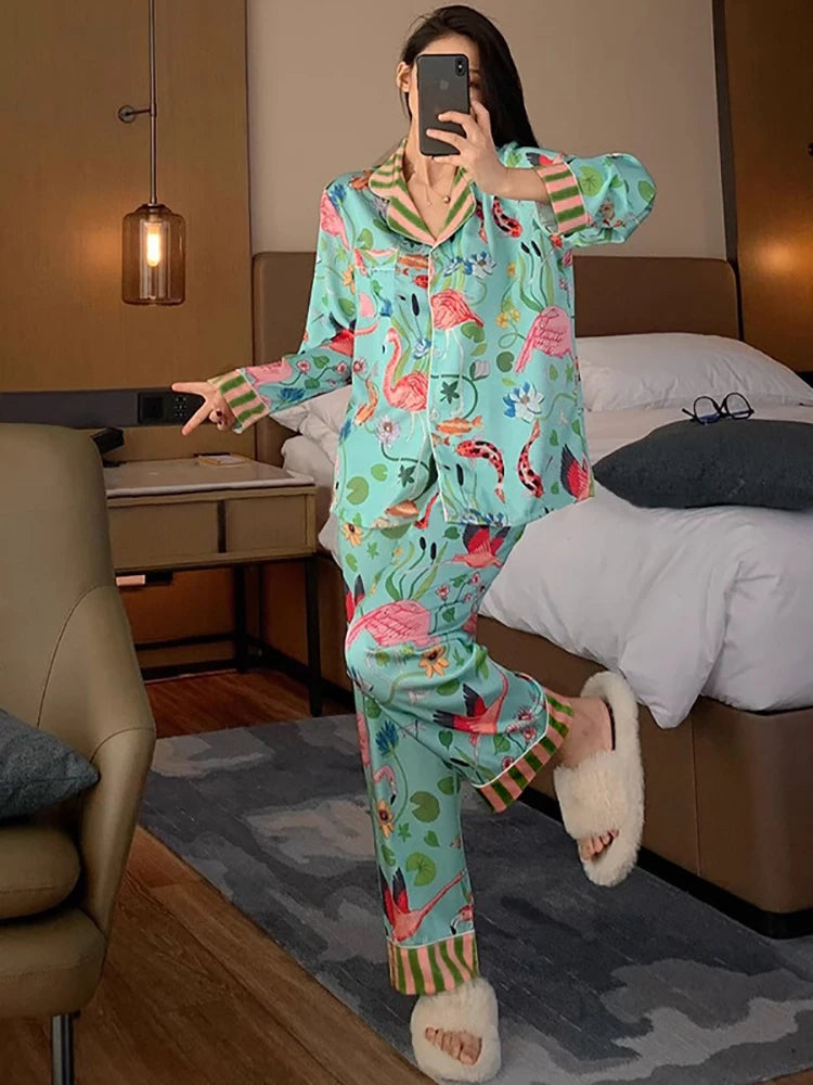Silky Mermaid Print Long Pajama Set