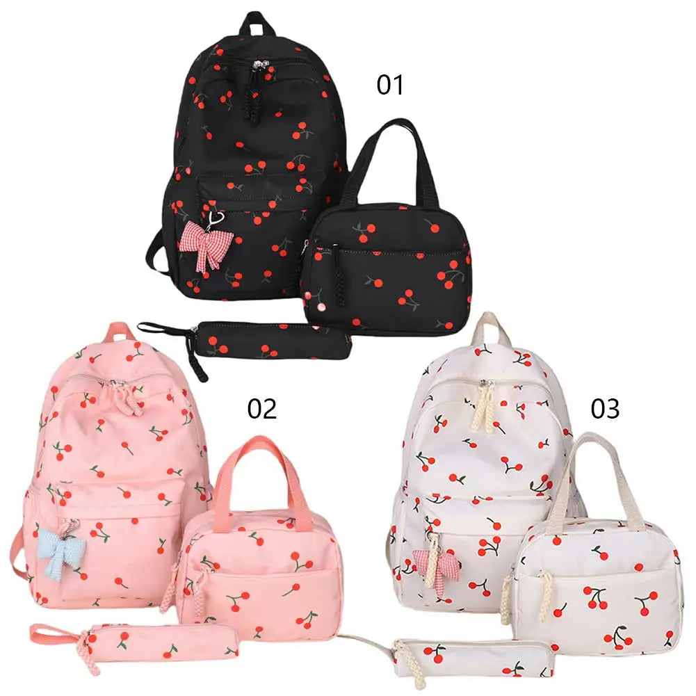 Three-Piece All-Match  Bag Large Capacity Laptop Backpack Cherry Printed Kawaii Nylon Backpack  Outdoor Backpack