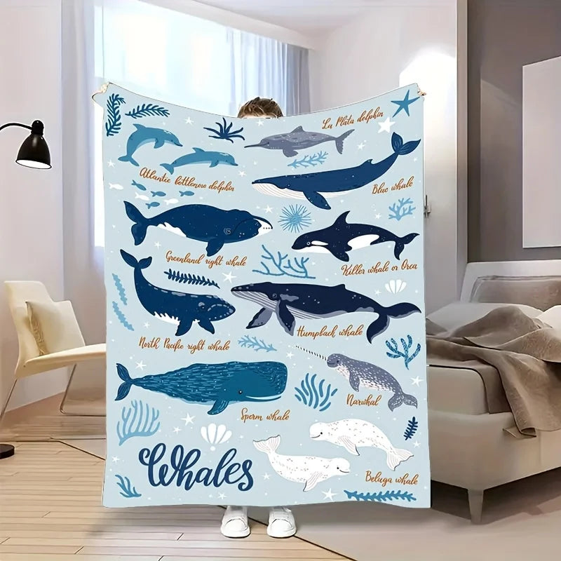 Ocean Whale & Dolphin Plush Throw Blanket