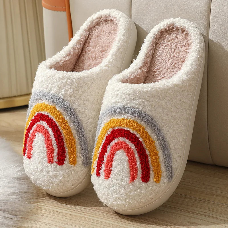 Rainbow & Mushroom Plush Women's Slippers — Cozy Furry Indoor House Shoes