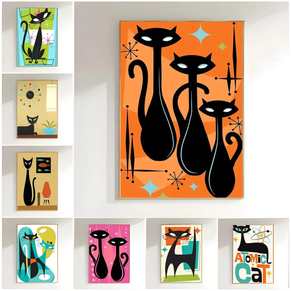 Mid Century Black Cat Poster Classic Wall Art  Home Decor  Peel and Stick Unframed ( approx 19in x27in)