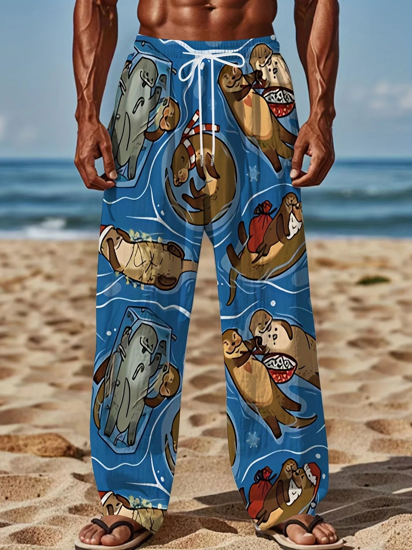 2026 Summer Men's Light Blue Cartoon Otter Print Pants Quick Dry Comfort Lounge/ pajama pants