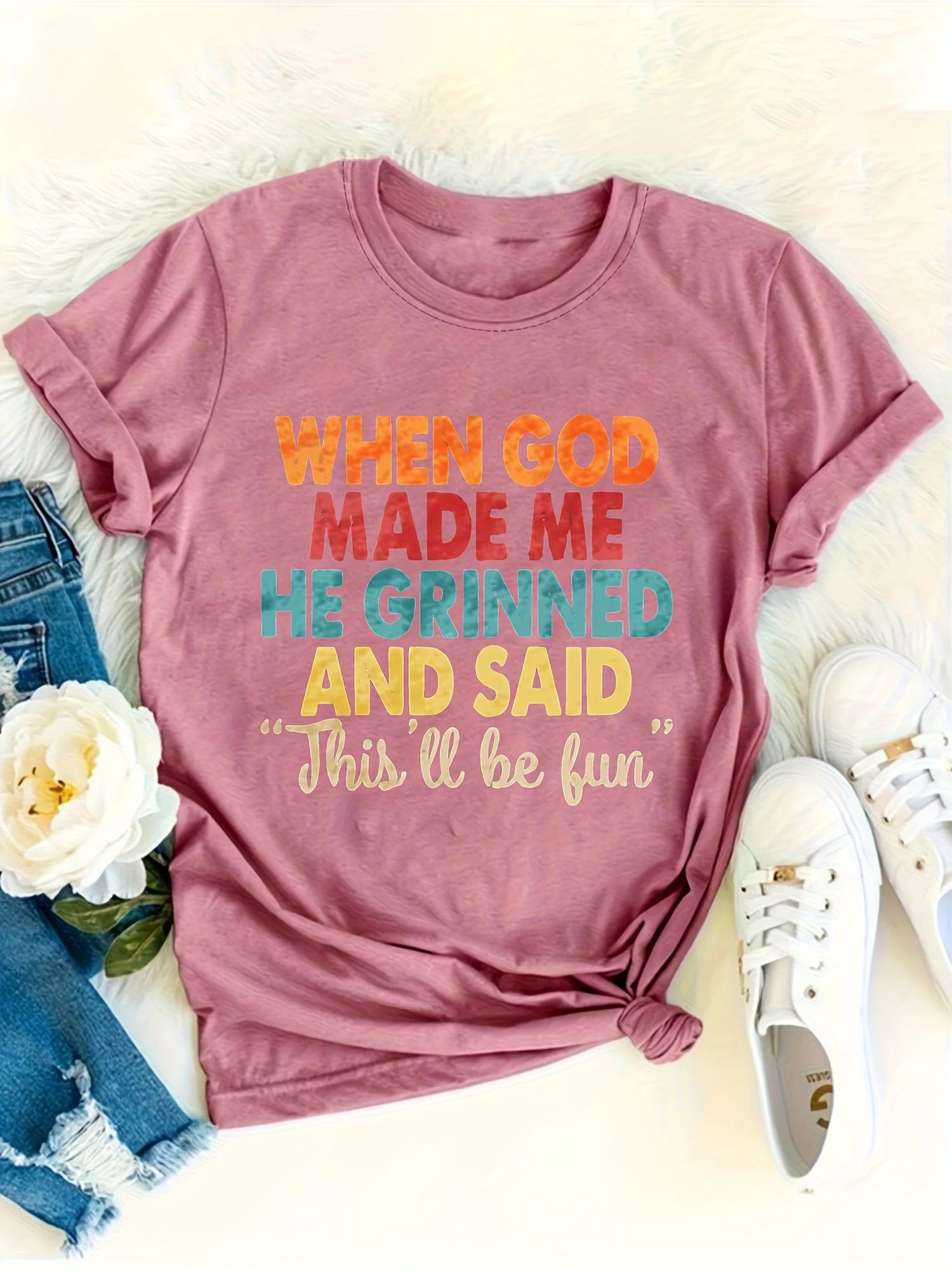 When God Made Me He Grinned Women's Tee, Funny Religious Quote Beige Top