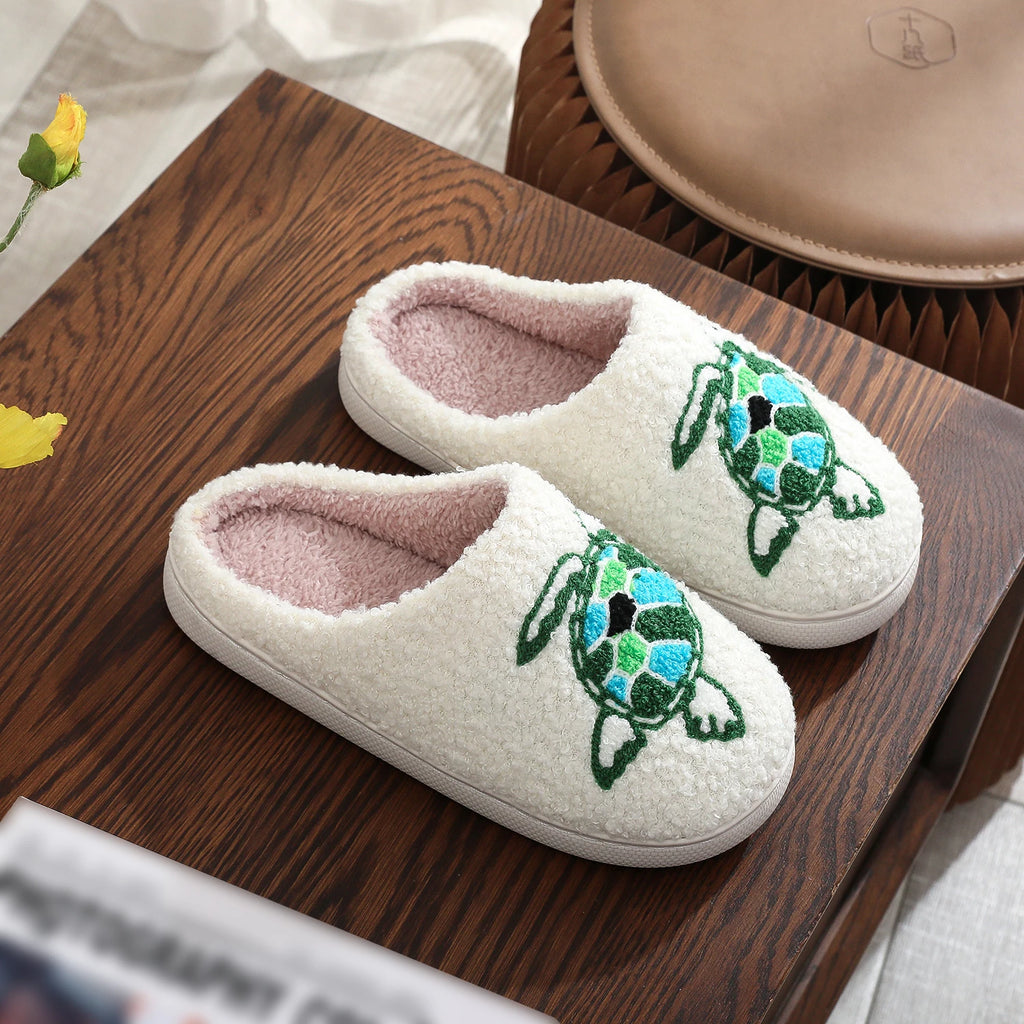 Sea Turtle Embroidered Plush Slippers — Cozy Coastal Indoor House Shoes
