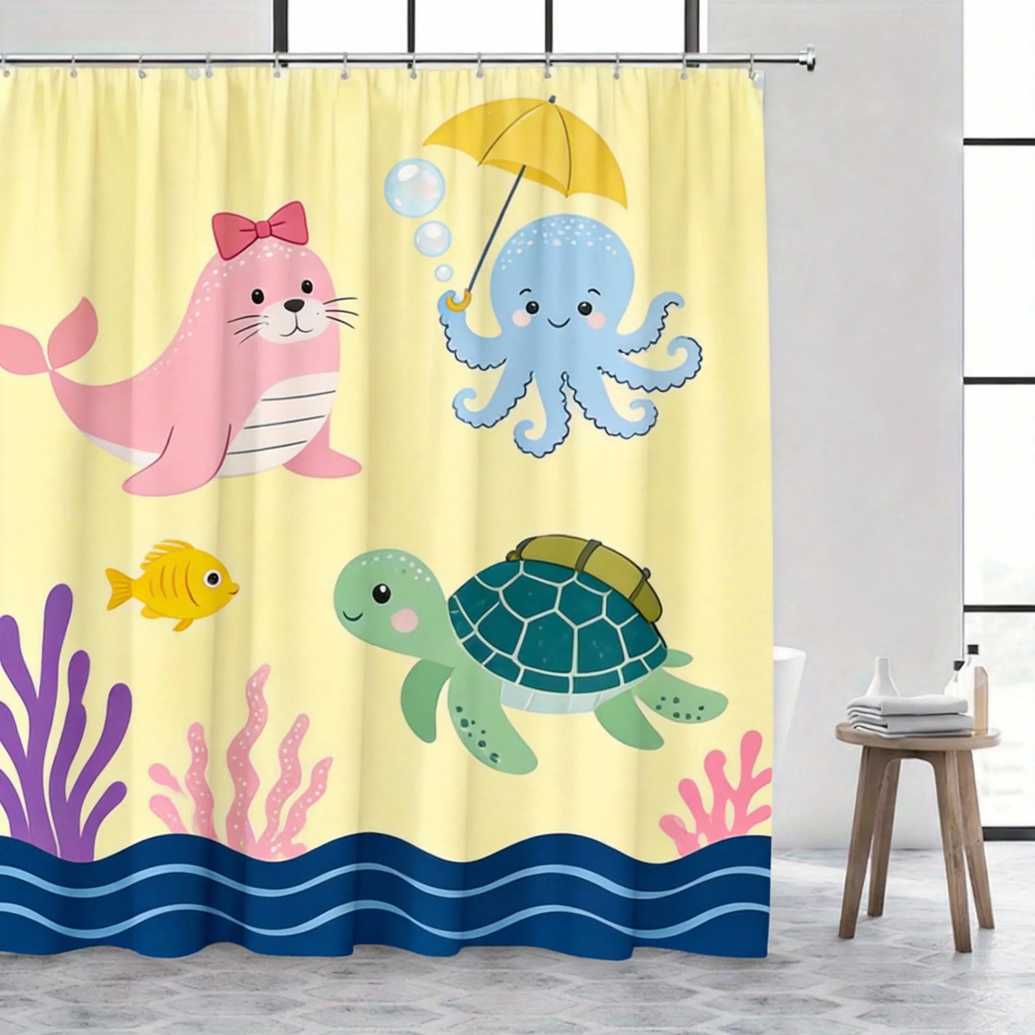Underwater Shower Curtain 180x180cm – Playful Ocean Animals for Kids Bathroom, Whimsical Aquatic Decor, 12 Hooks