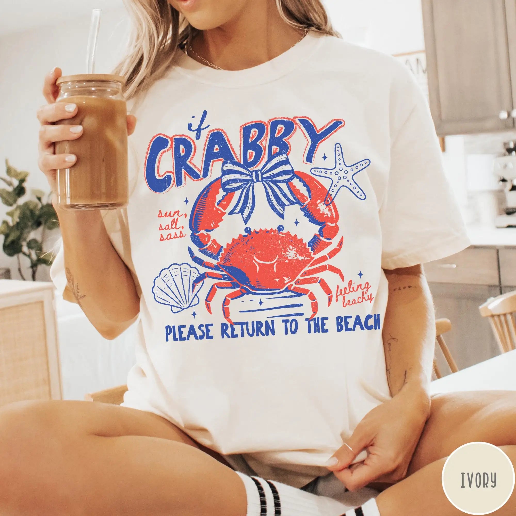 If Crabby Please Return To The Beach T-shirt Funny Crab Beach T Shirt Summer Cotton Short Sleeve Retro T-shirts Woman Clothing