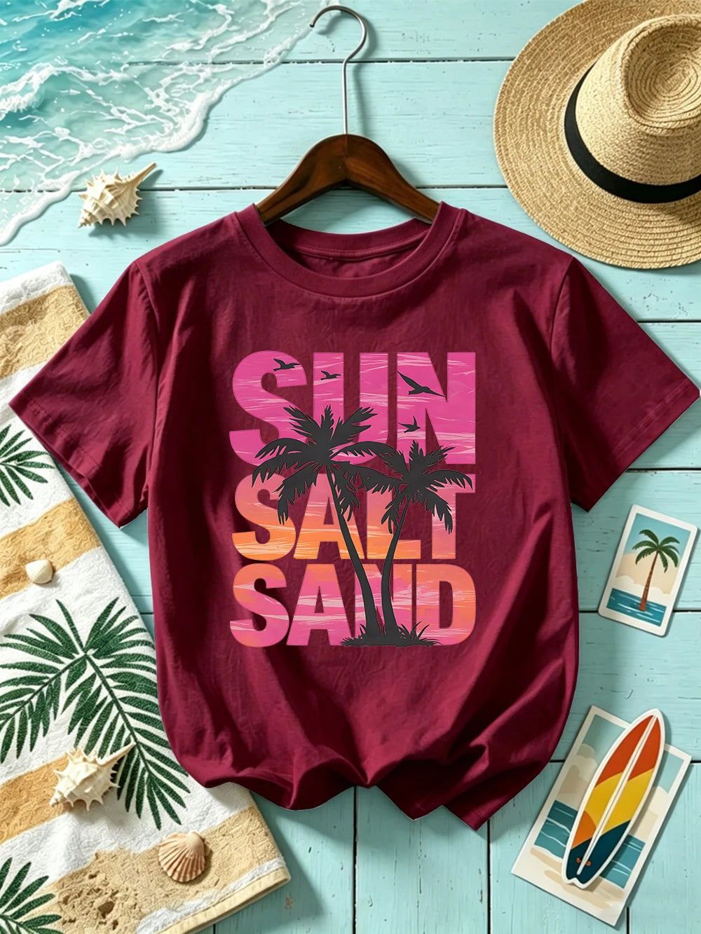 Sun Salt Sand Coconut Tree 
Prints T-Shirts Womens Cotton Summer Short Sleeve T Shirt O-Neck Oversized Tops Basic Soft Clothes