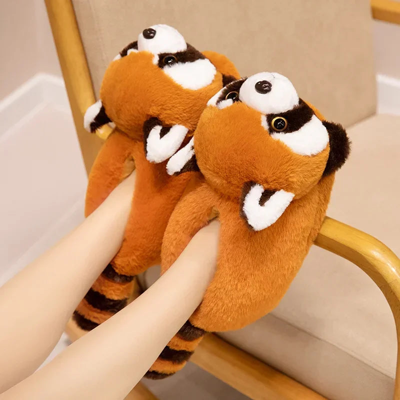3D Red Panda & Fox Plush Slippers — Cozy Warm Indoor House Shoes