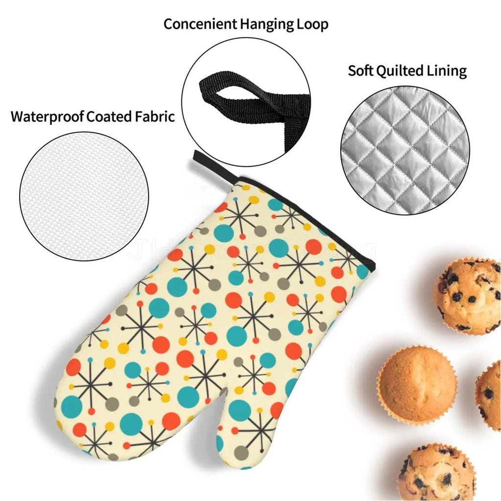 Mid Century Fifties Modern Atomic Retro Colors Oven Mitts and Pot Holders Sets of 4 High Heat Resistant Oven Mitts with Yellow
