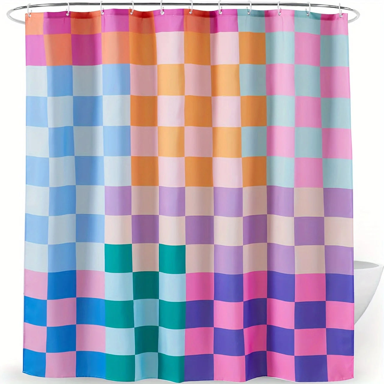 Retro Fabric Shower Curtain, Polyester Multicolored Plaid Heavy-Duty Bright Rainbow Colorful Modern Minimalist Stylish Aesthetic