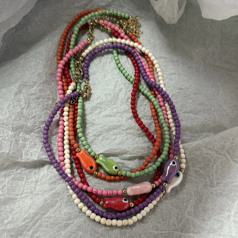 Colorful Ceramic Fish Beaded Necklace For Women Unisex Handmade Rice Beads Choker Beach Party Aesthetic Charm Jewelry Gifts