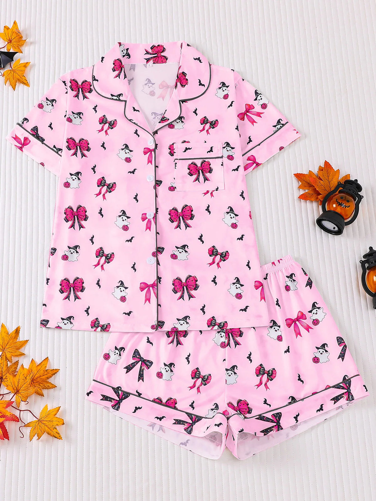 Halloween Ghost & Pumpkin Women's Pajama Set — Short Sleeve Top & Shorts