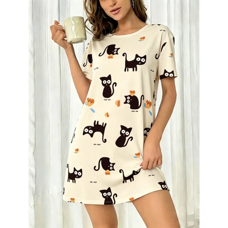 Black Cat Print Women's Nightgown — Short Sleeve Sleep Shirt Dress
