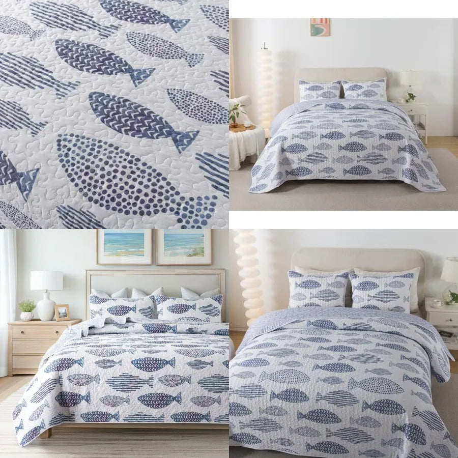 3-Piece Quilt Set - Size with 2 Shams, Blue and White Ocean-Inspired Bedding Set, Nautical Fish Design, Lake Themed Coastal Qui