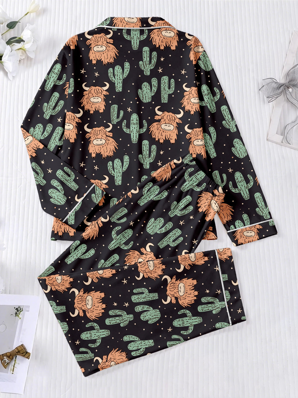 Highland Cow & Cactus Women's Pajama Set — Long Sleeve Top & Pants