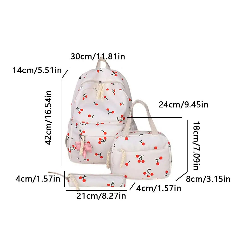 Three-Piece All-Match  Bag Large Capacity Laptop Backpack Cherry Printed Kawaii Nylon Backpack  Outdoor Backpack
