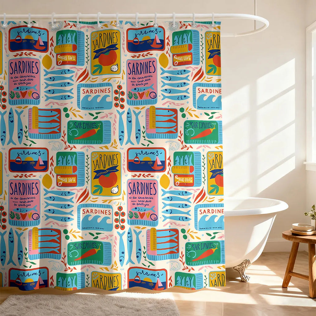 1pc Sardine Print Waterproof Shower Curtain Partition Privacy Hanging Curtain, 12 Hooks, Multiple Sizes
