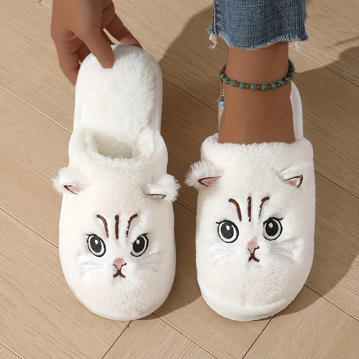 Cute Plush Cat Slippers Winter Warm Cozy Indoor House Shoes Soft EVA Sole Non-Slip Design