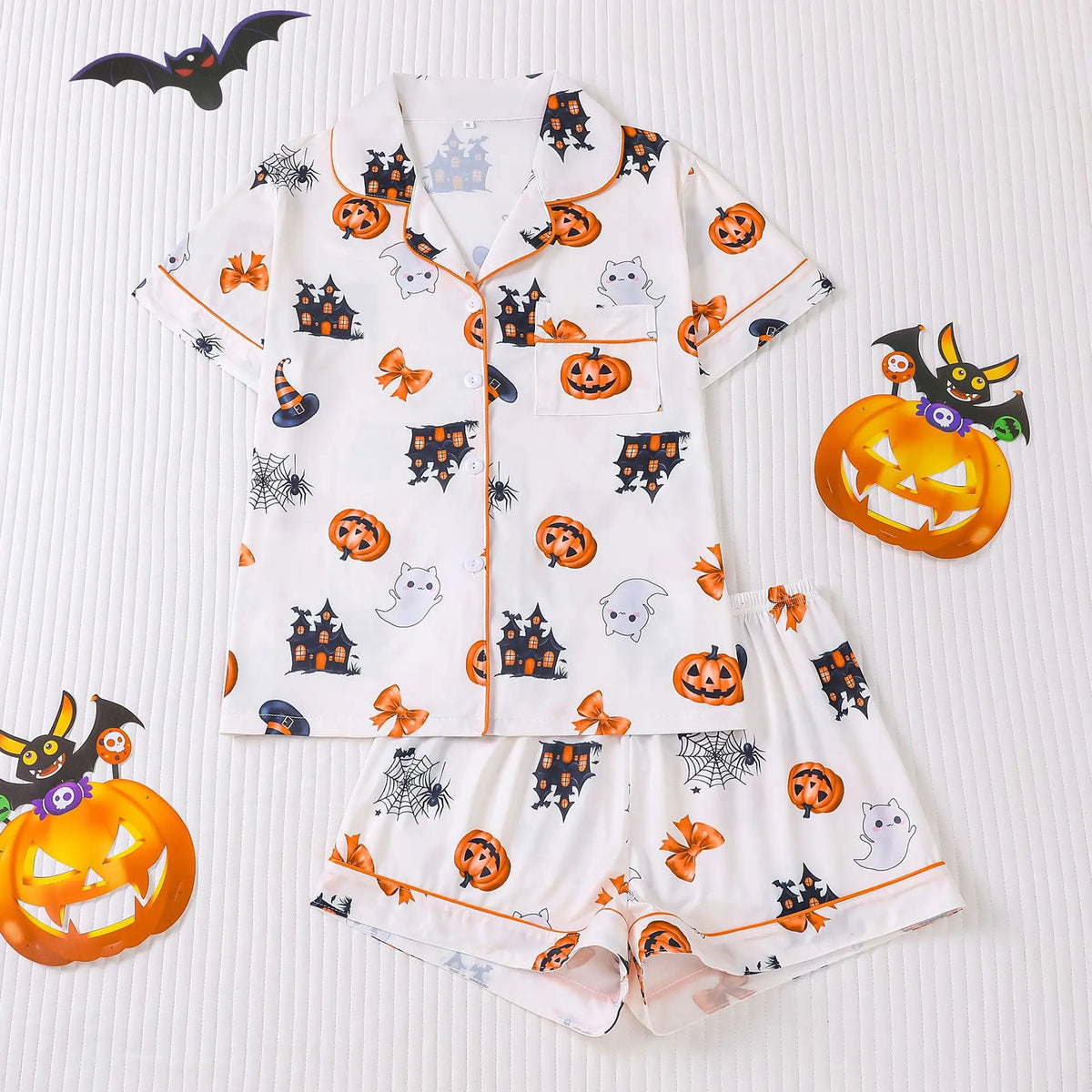 Halloween Ghost & Pumpkin Women's Pajama Set — Short Sleeve Top & Shorts