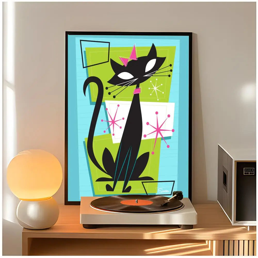 Mid Century Black Cat Poster Classic Wall Art  Home Decor  Peel and Stick Unframed ( approx 19in x27in)
