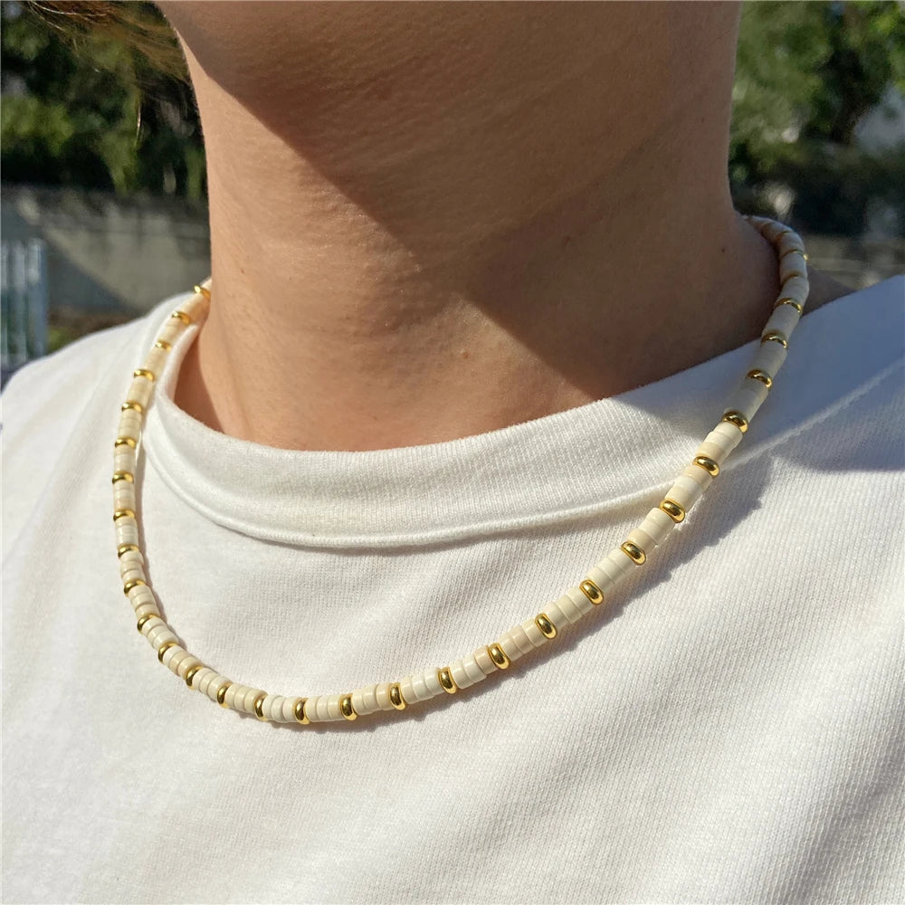 Colorful Rainbow Stone Bead Necklace 2024 New Fashion Gold Color Spacer Bead Chain Choker Summer Jewelry Gift For Girls Friends
