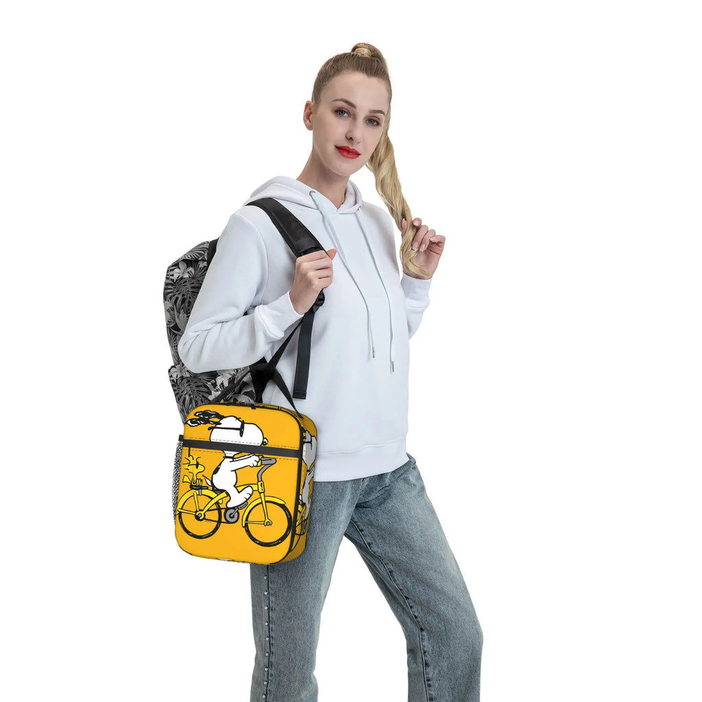 Snoopy Woodstock Riding Bike Insulated Lunch Bag Cooler Bag Reusable,Meal Container Cartoon Lunch Box Tote Food Bag Outdoor