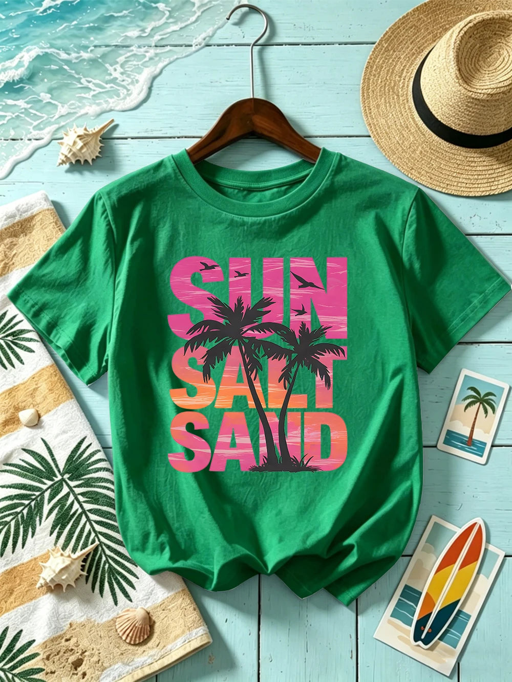 Sun Salt Sand Coconut Tree 
Prints T-Shirts Womens Cotton Summer Short Sleeve T Shirt O-Neck Oversized Tops Basic Soft Clothes