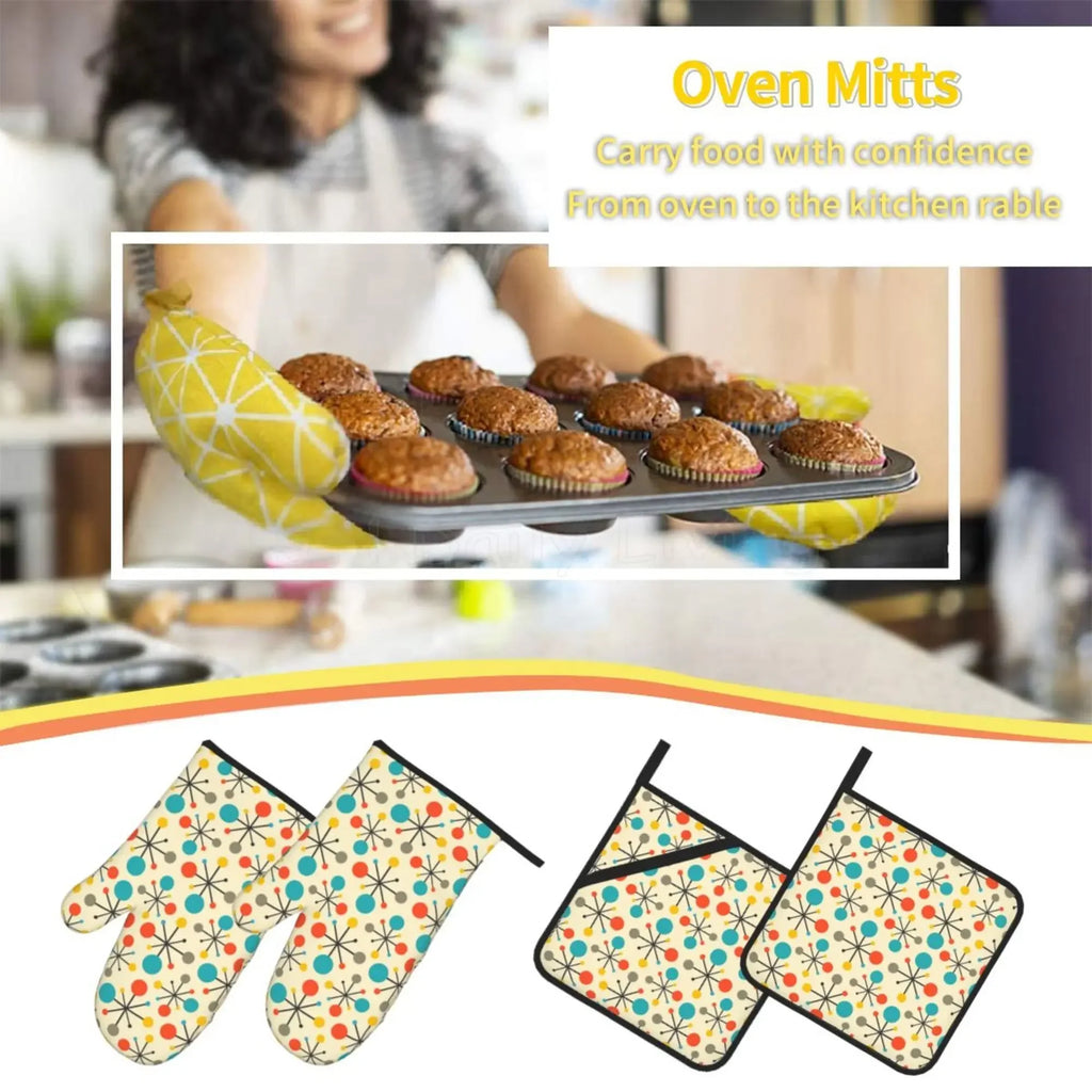 Mid Century Fifties Modern Atomic Retro Colors Oven Mitts and Pot Holders Sets of 4 High Heat Resistant Oven Mitts with Yellow