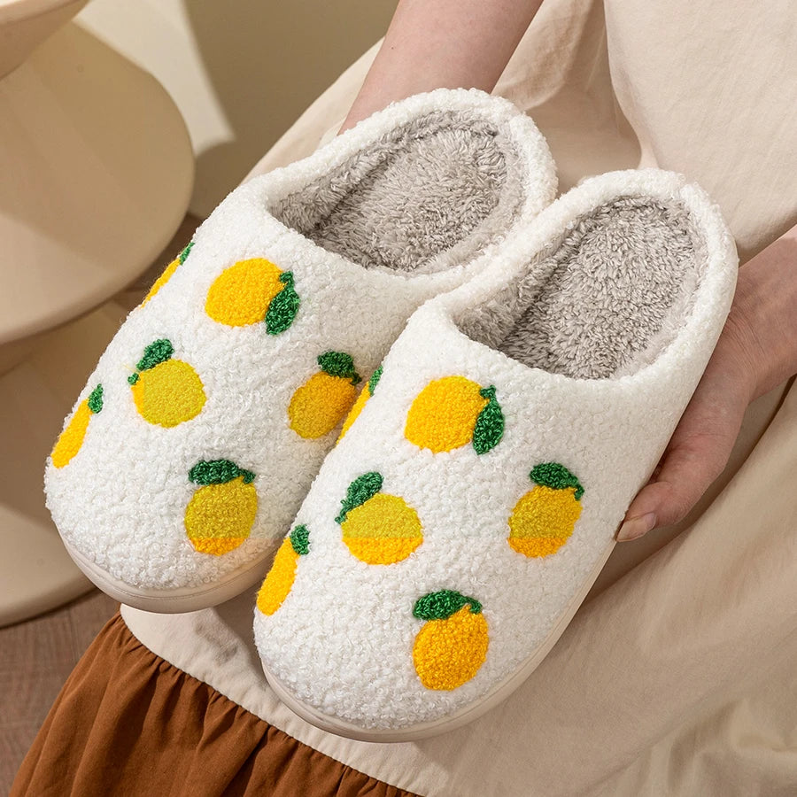 Lemon Embroidered Fuzzy Slippers