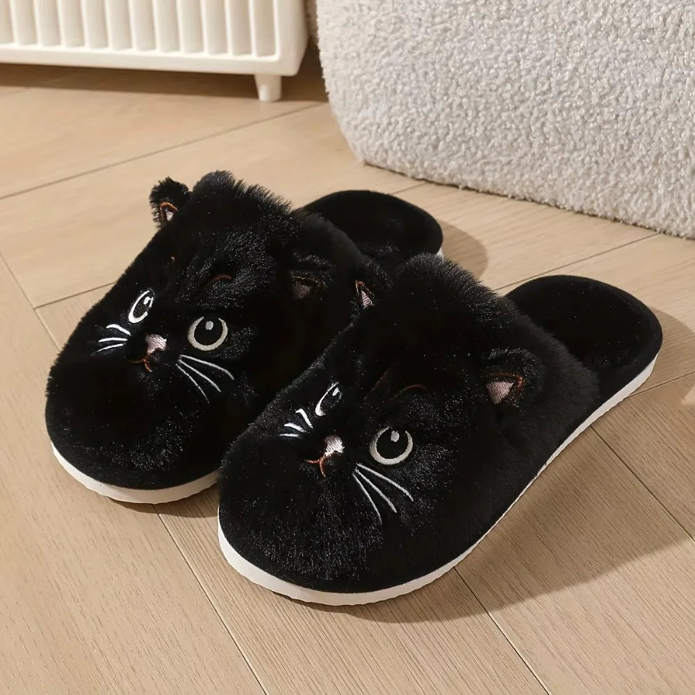 Cute Plush Cat Slippers Winter Warm Cozy Indoor House Shoes Soft EVA Sole Non-Slip Design