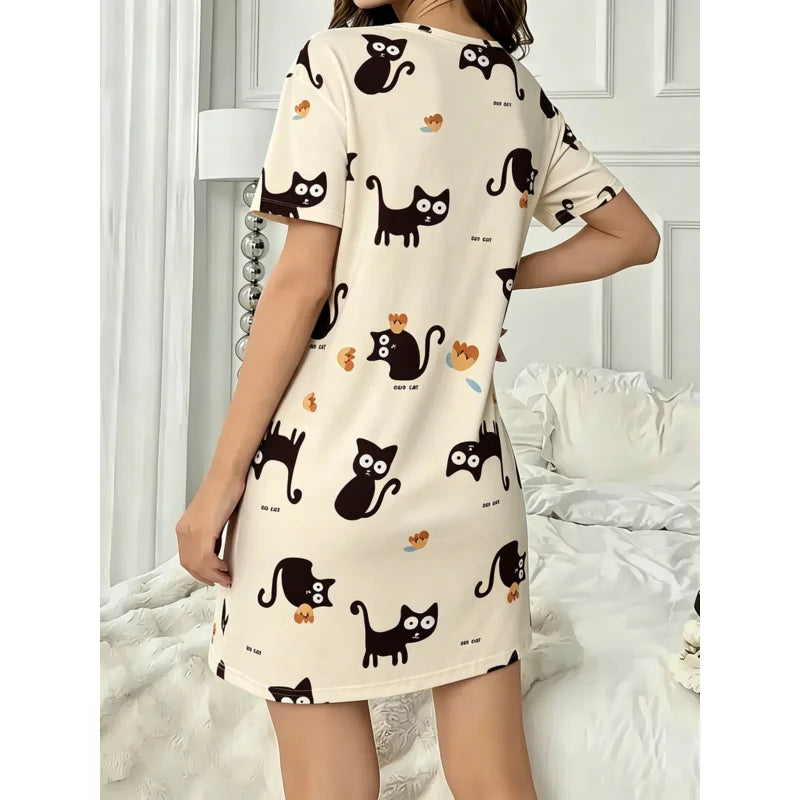 Black Cat Print Women's Nightgown — Short Sleeve Sleep Shirt Dress