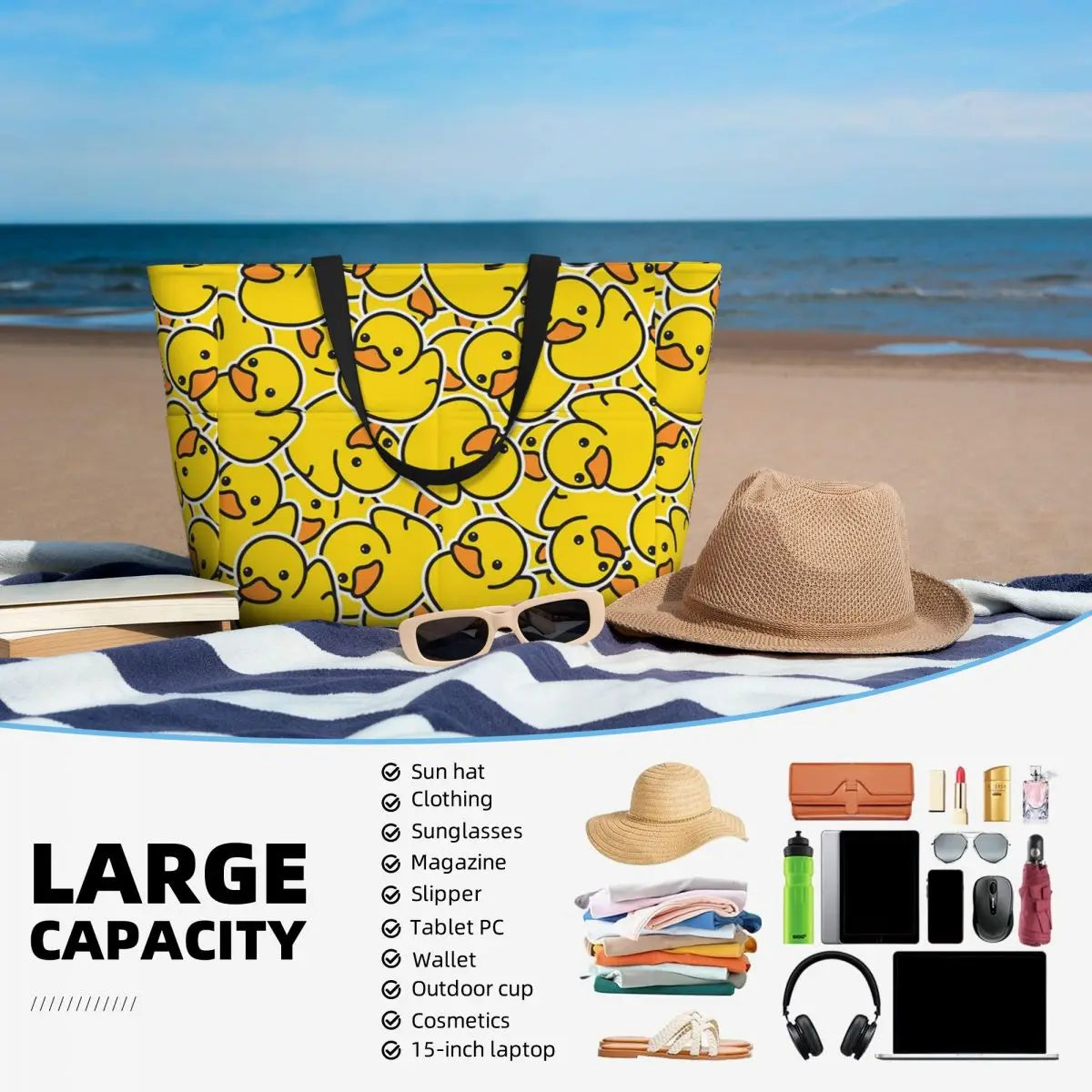 Yellow Classic Rubber Duck Beach Tote Bag Sport Gym Yoga Duffle Large Tote Bag Women Travel Bag Fitness bag