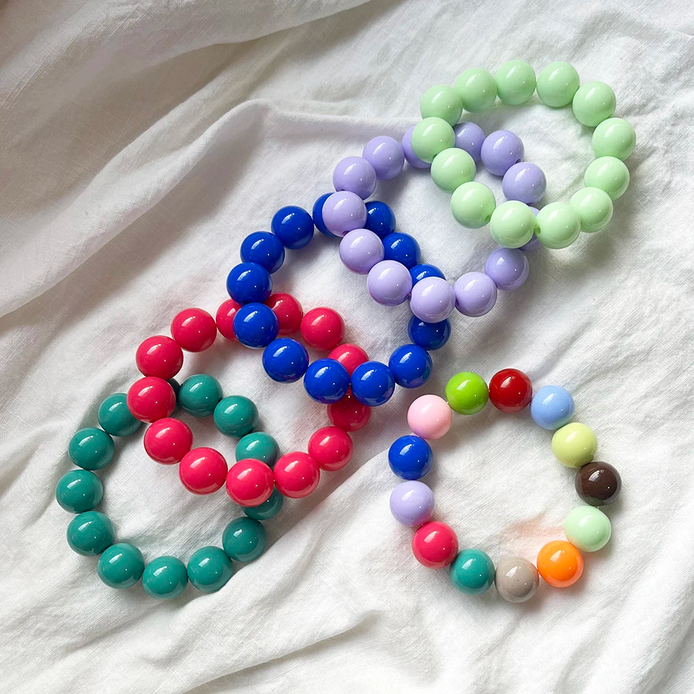 Cute Sweet Colorful Acrylic Big Bead Chunky Bracelet Fluorescent Hand Beaded Simple Stacking Bangles Jewelry Accessories