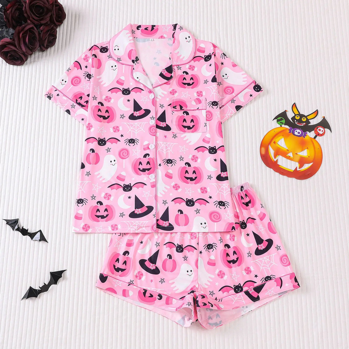 Halloween Ghost & Pumpkin Women's Pajama Set — Short Sleeve Top & Shorts
