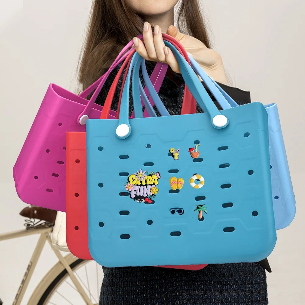 New EVA Women Fashion Punched Handbag Casual Waterproof Travel Tote Bag Fit Charms Outdoor Beach Bags
