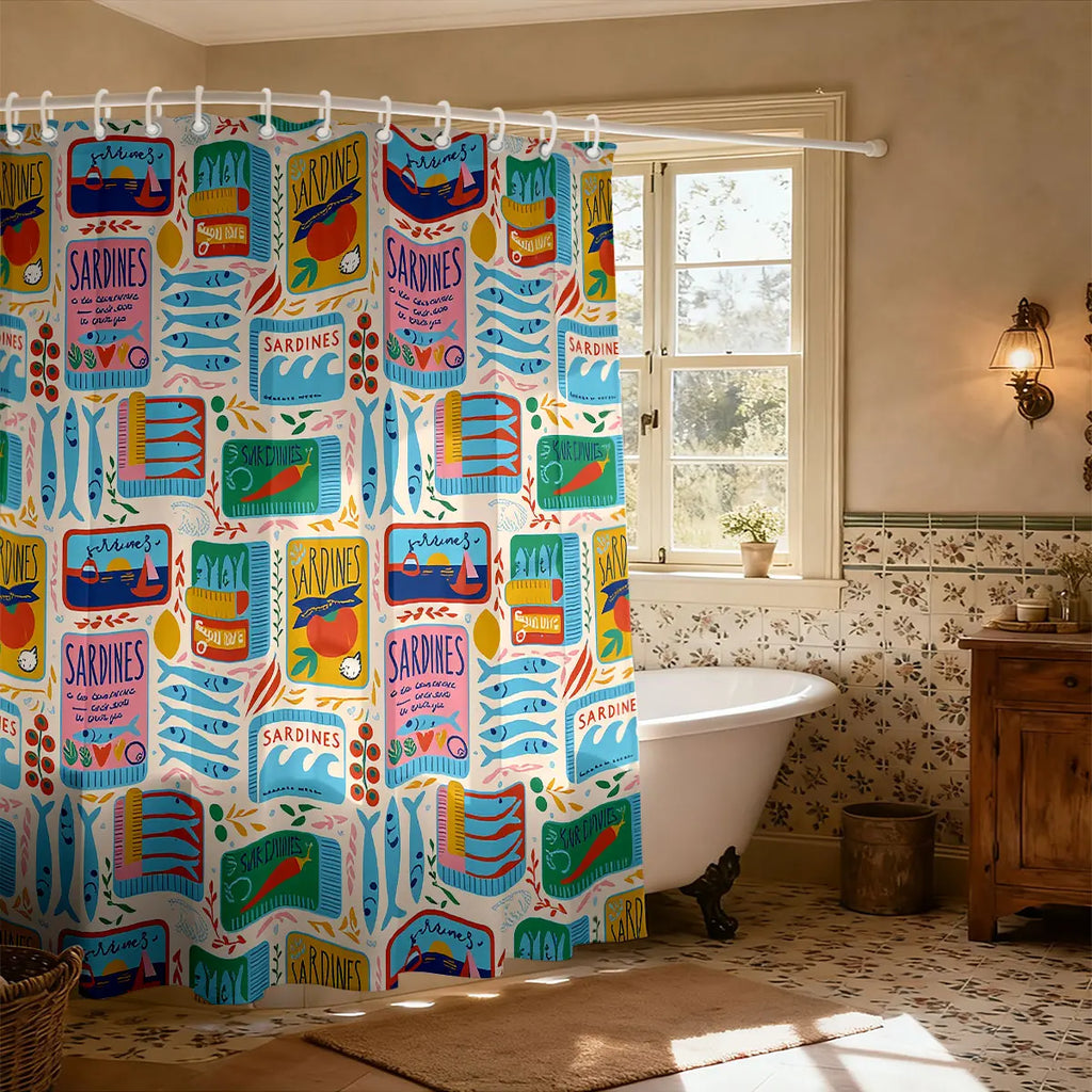 1pc Sardine Print Waterproof Shower Curtain Partition Privacy Hanging Curtain, 12 Hooks, Multiple Sizes