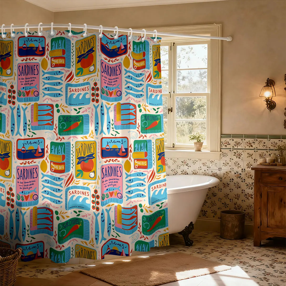 1pc Sardine Print Waterproof Shower Curtain Partition Privacy Hanging Curtain, 12 Hooks, Multiple Sizes