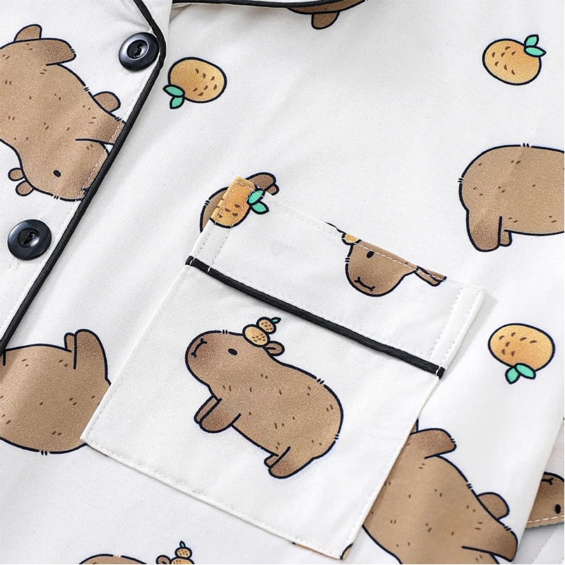 Capybara & Orange Women's Pajama Set — Short Sleeve Top & Shorts