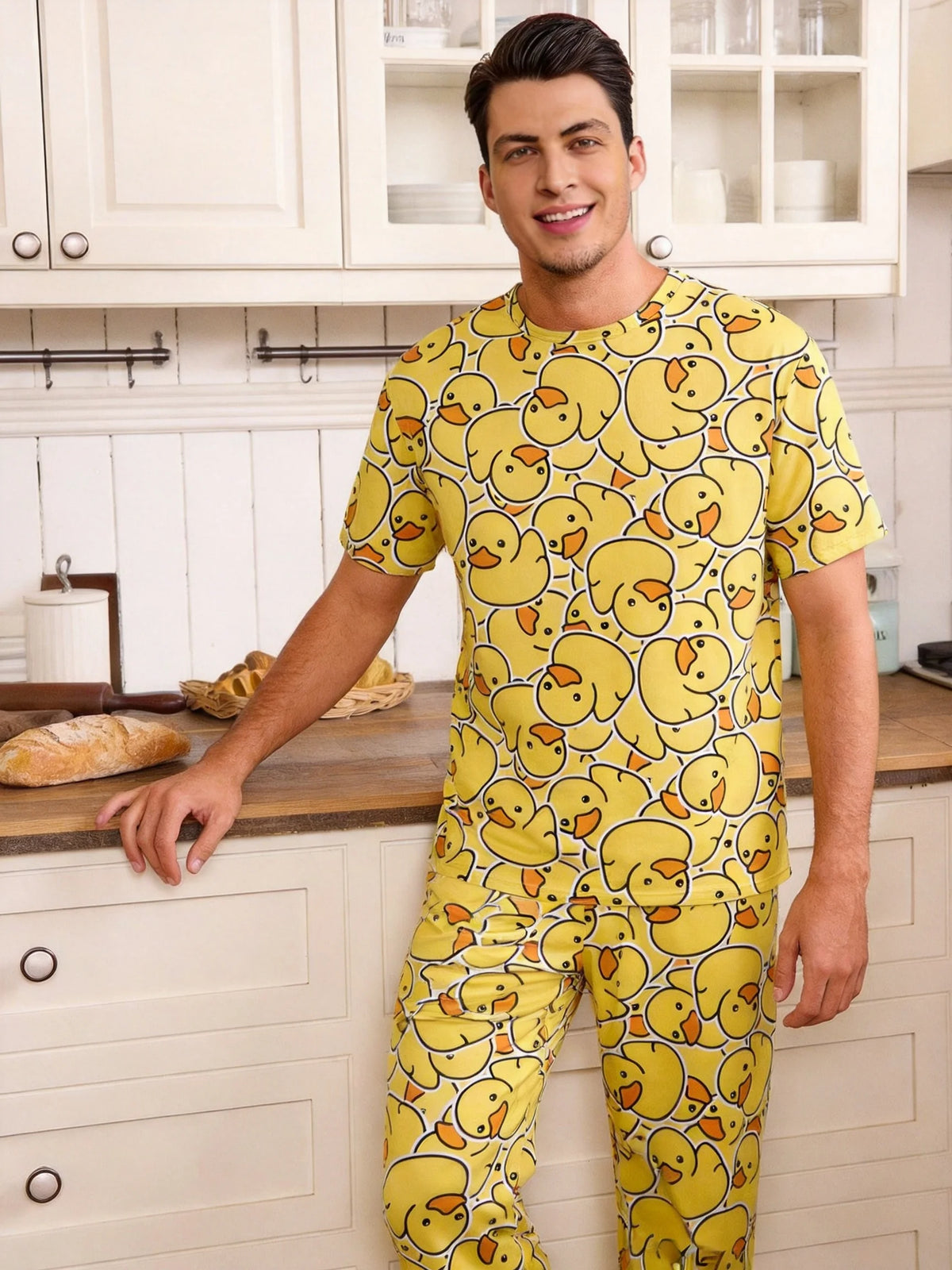 Rubber Duck All-Over Print Men's Pajama Set — Short Sleeve Top & Pants