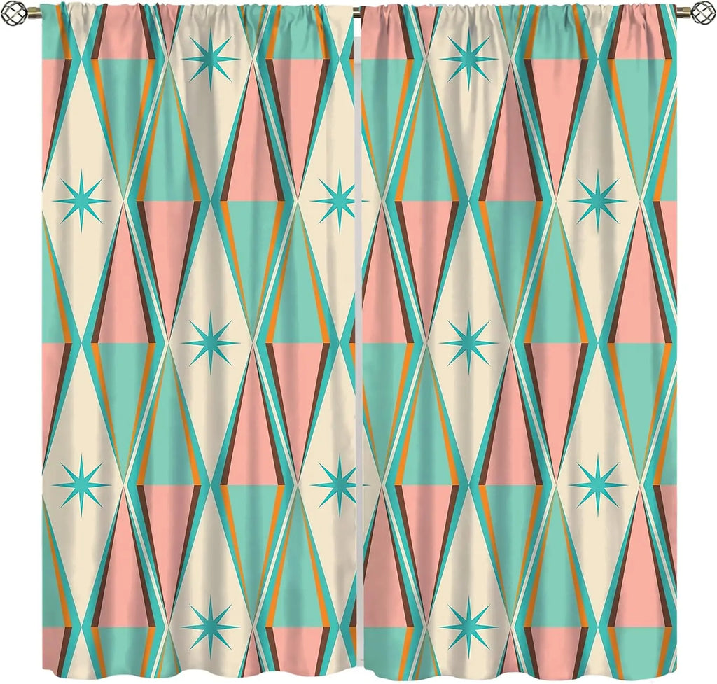 Abstract Geometric Print Curtains Pair Teal Pink Beige Modern Drapes Window Panels Living Room Home Decor Accent Design