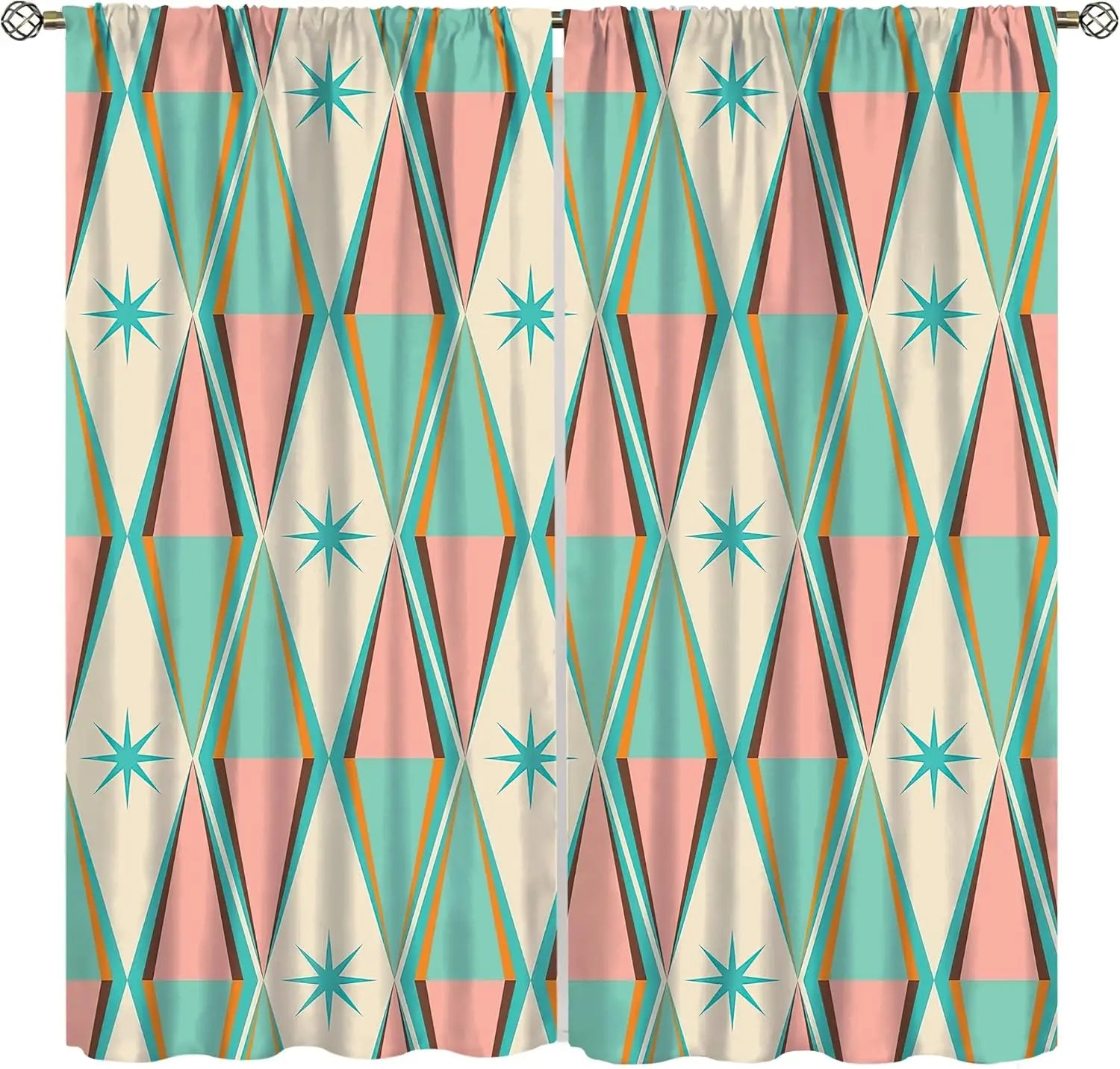 Abstract Geometric Print Curtains Pair Teal Pink Beige Modern Drapes Window Panels Living Room Home Decor Accent Design